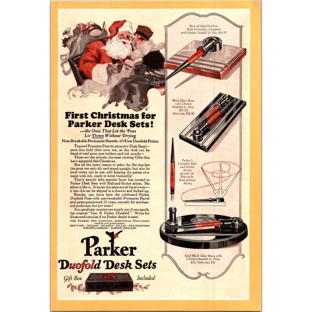 PRINT AD 1926 Parker Pens Duofold Desk Sets Christmas Santa Claus 6 x 9